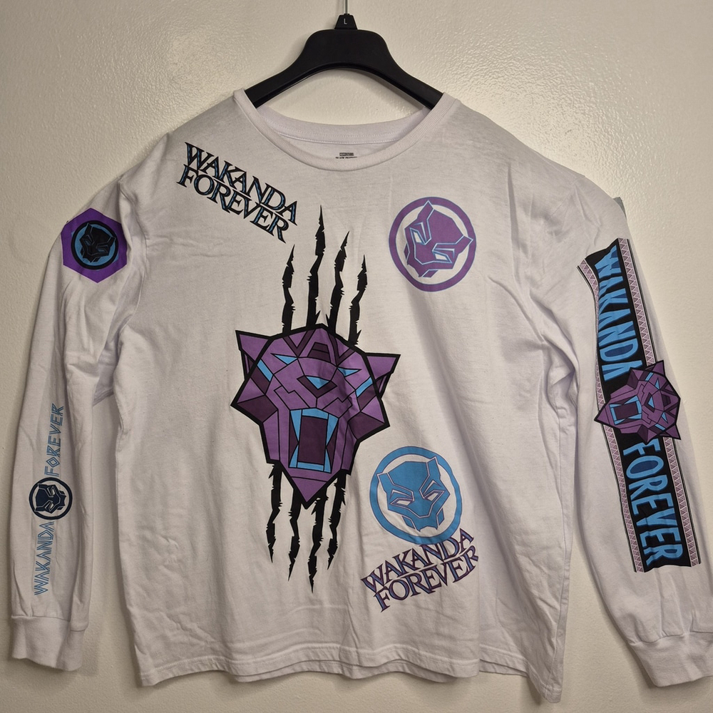 Black Panther Men’s Wakanda Forever White Long Sleeve Shirt Size 2XL